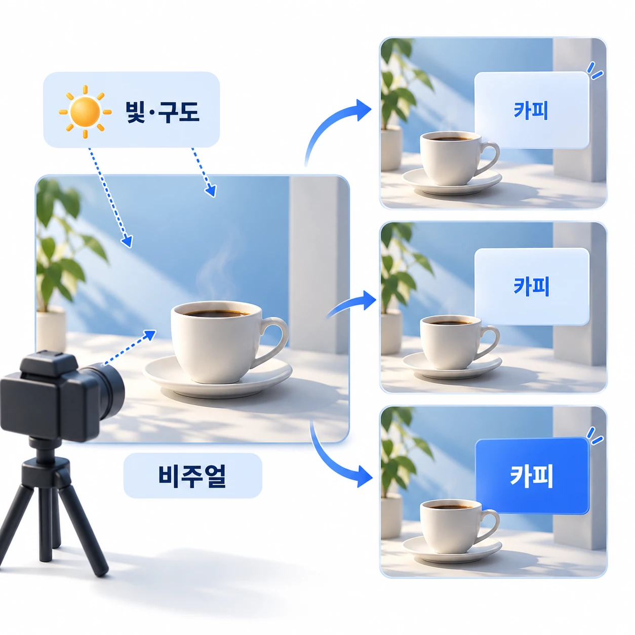 빛의 방향과 구도를 고정한 글자 없는 커피잔 비주얼과 별도 카피 레이어를 분리한 구조. 카피 문구가 바뀌어도 이미지를 다시 뽑지 않도록 수정 주기가 다른 두 요소를 나눈다. ENLIT 2026.10
