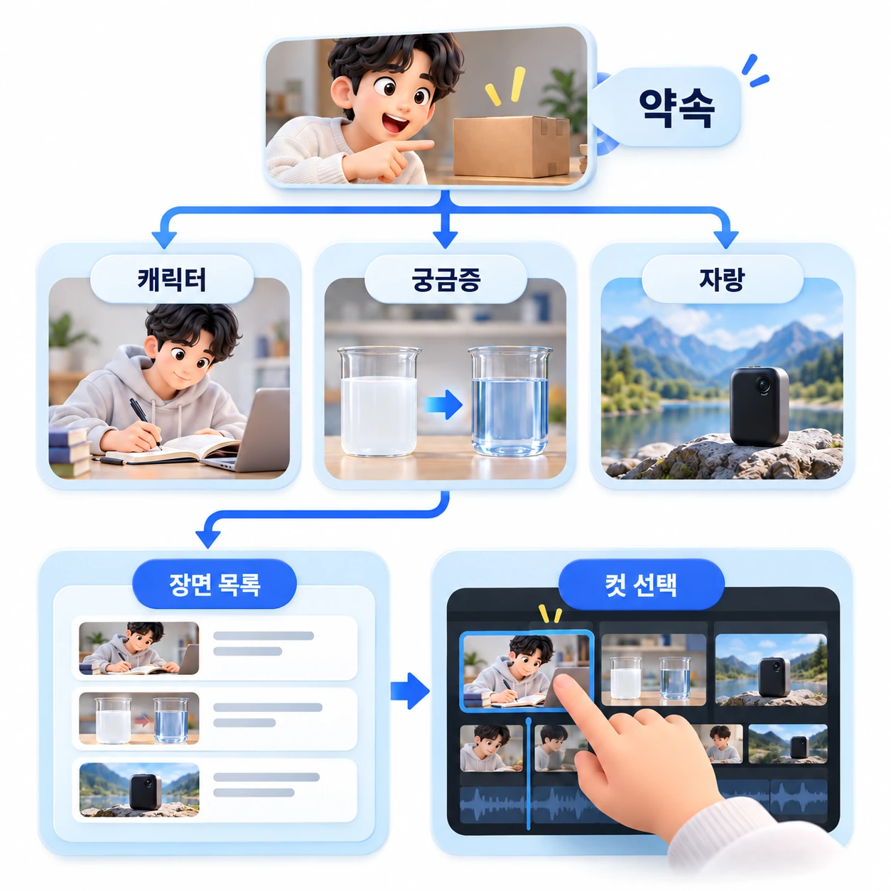 썸네일·제목이 건 약속에서 캐릭터·궁금증·자랑 중 맞는 기준을 고르고, 보여줄 장면 목록을 먼저 적은 뒤 촬영본에서 해당 컷을 찾아오는 순서. 재미있는 컷보다 시청 동기를 확인시키는 컷이 먼저다. ENLIT 2026.10