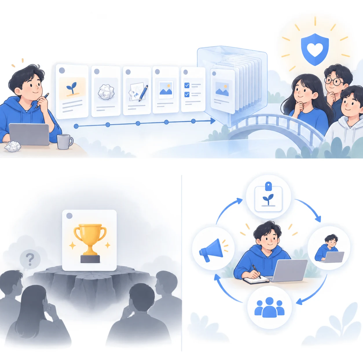 초보 창작자가 시도·실수·수정 과정을 시간순 카드로 기록해 투명한 아카이브를 만들고, 나중의 시청자가 그 축적을 건너 신뢰에 도달하는 흐름. 고립된 결과 하나보다 검증 가능한 과정의 연속이 신뢰 자산이 된다. ENLIT 2026.09
