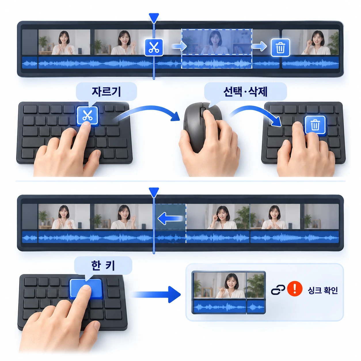 자르고 가운데를 선택해 지우는 동작과, 재생헤드 기준 구간을 한 키로 지우며 뒤 클립을 당겨 붙이는 동작을 비교한 도식. 손 이동을 줄이되 자막·음악 트랙의 싱크는 먼저 시험한다. ENLIT 2026.10